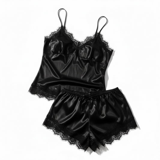 Midnight Satin Lace Cami & Shorts Lingerie Set